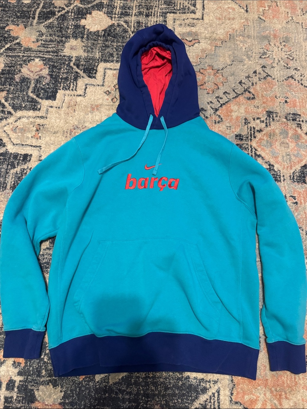 Nike Men's Turquoise Crewneck Hoodie with Navy Hood & Red Logo